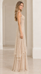 Side profile view of model wearing Champagne beaded tiered maxi dress