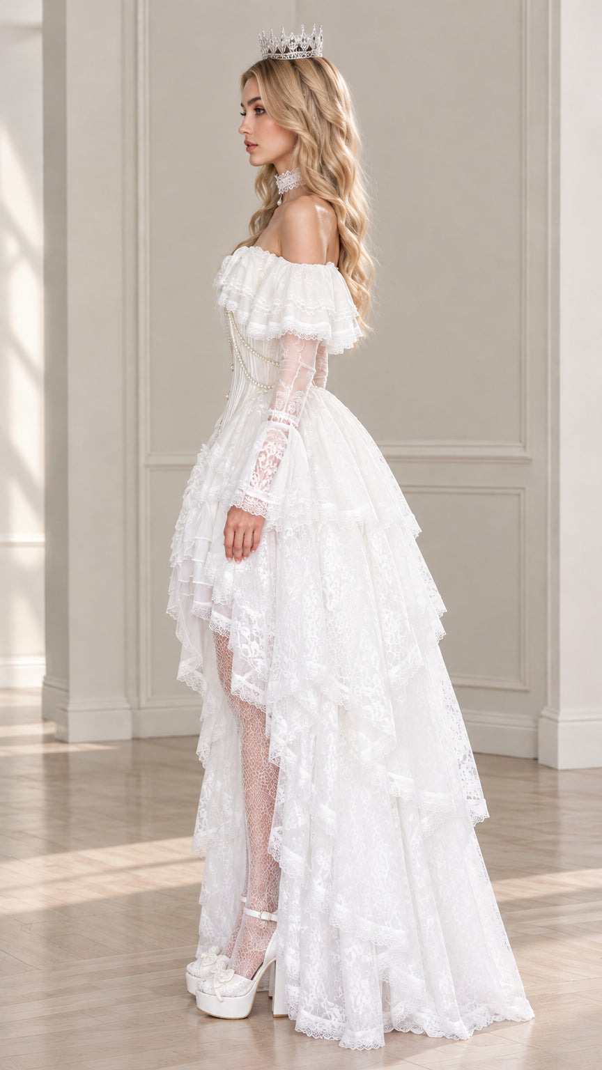 Side profile of model in white high-low tiered lace gown showcasing cascading ruffle hem