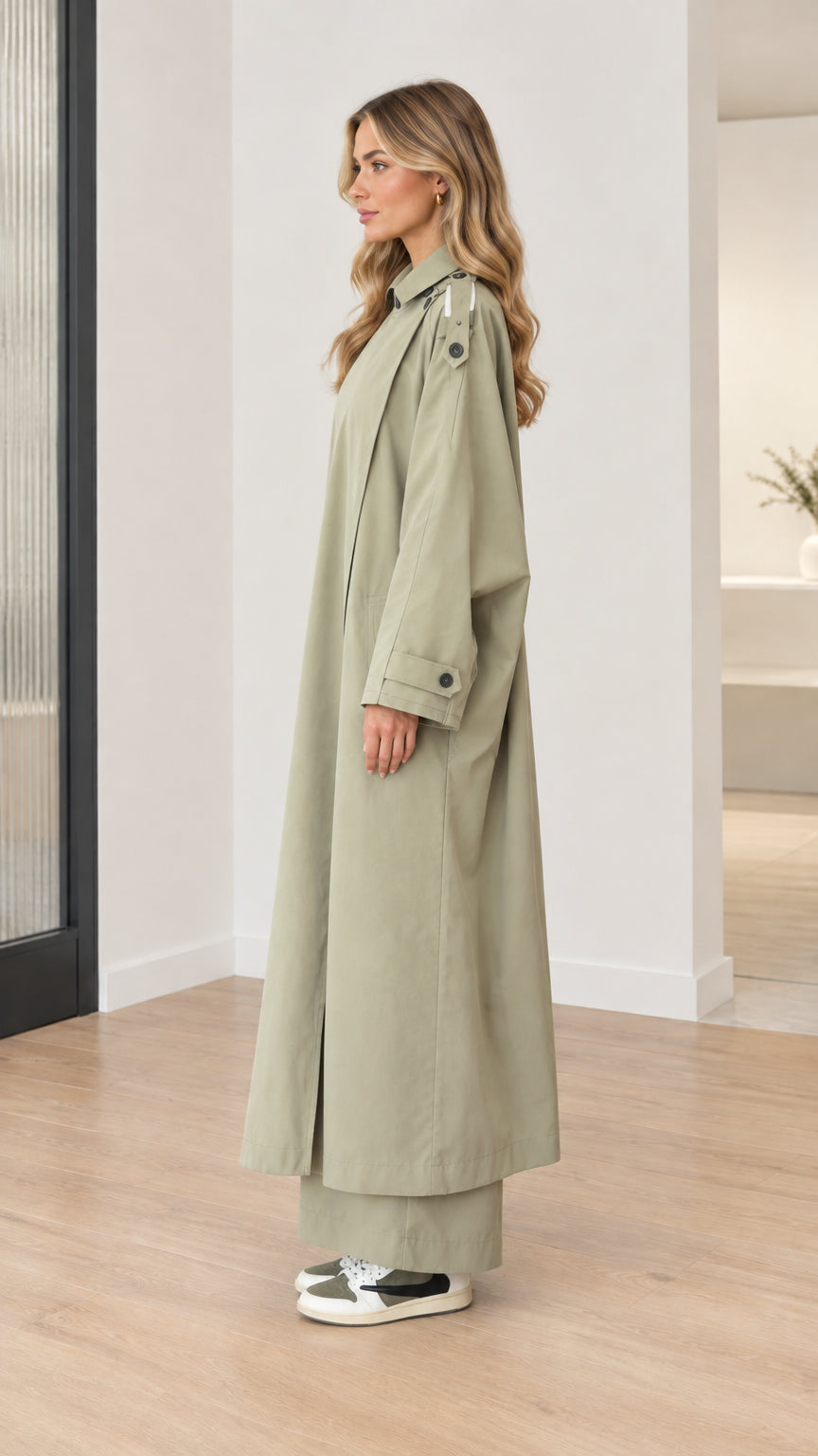 Side profile view of model in floor-length sage green duster trench coat