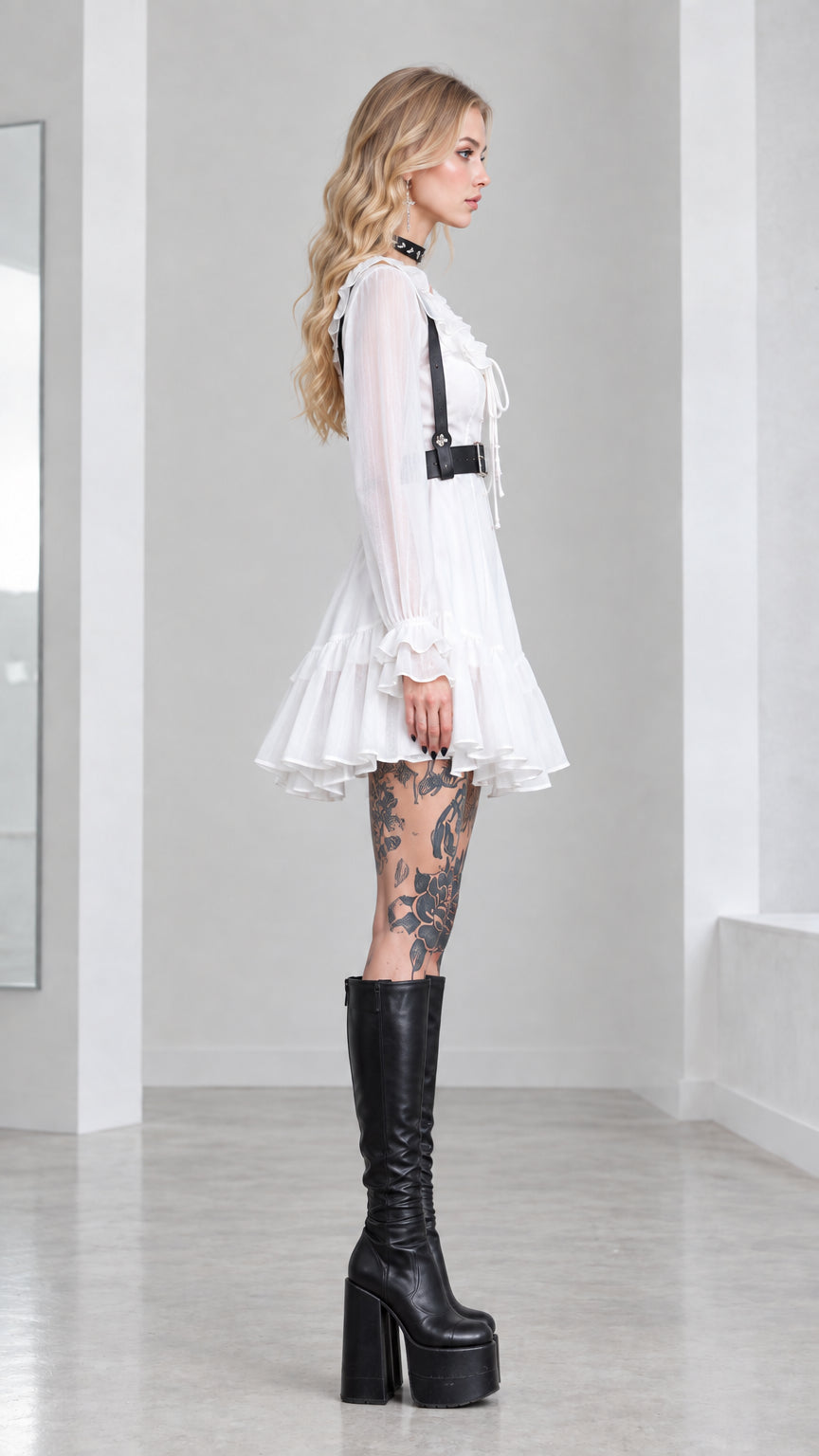 Side profile view of woman wearing white tiered ruffle mini dress with harness belt
