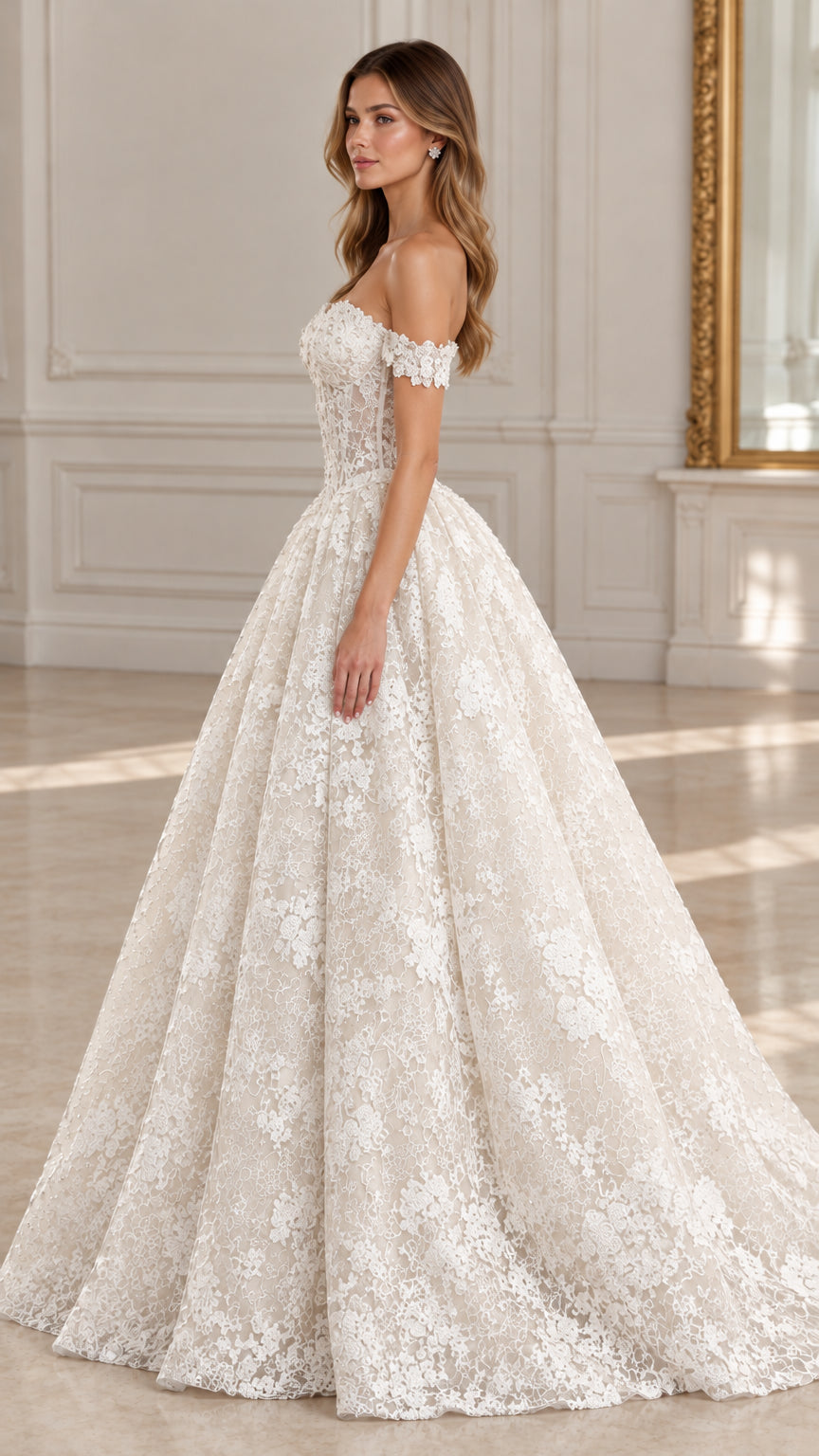 Side profile of woman wearing ivory off-the-shoulder floral lace ballgown