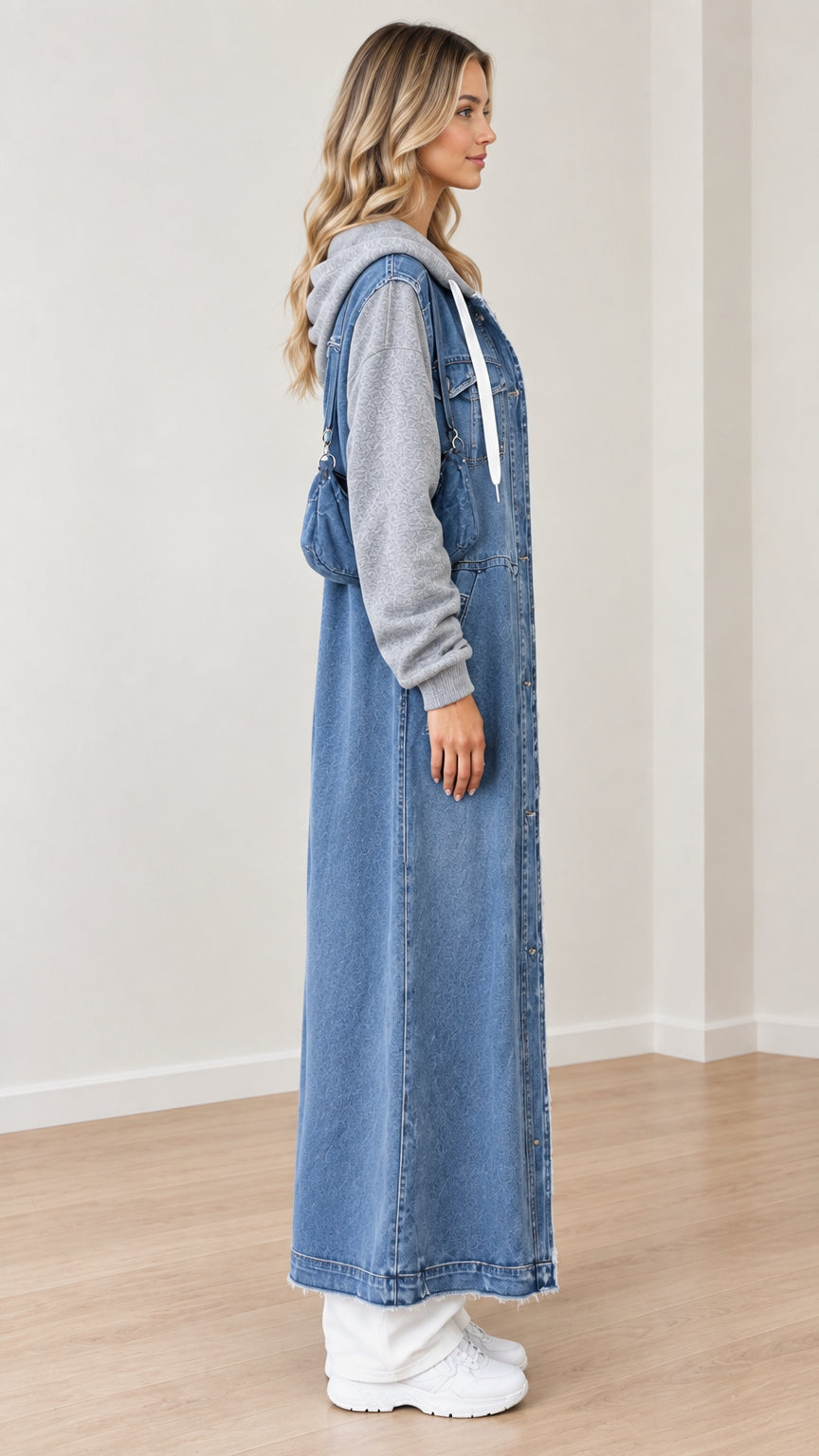 Side profile of woman showcasing the ankle-length blue hooded denim duster coat