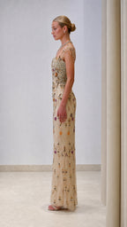 Champagne beaded floor length formal dress side view