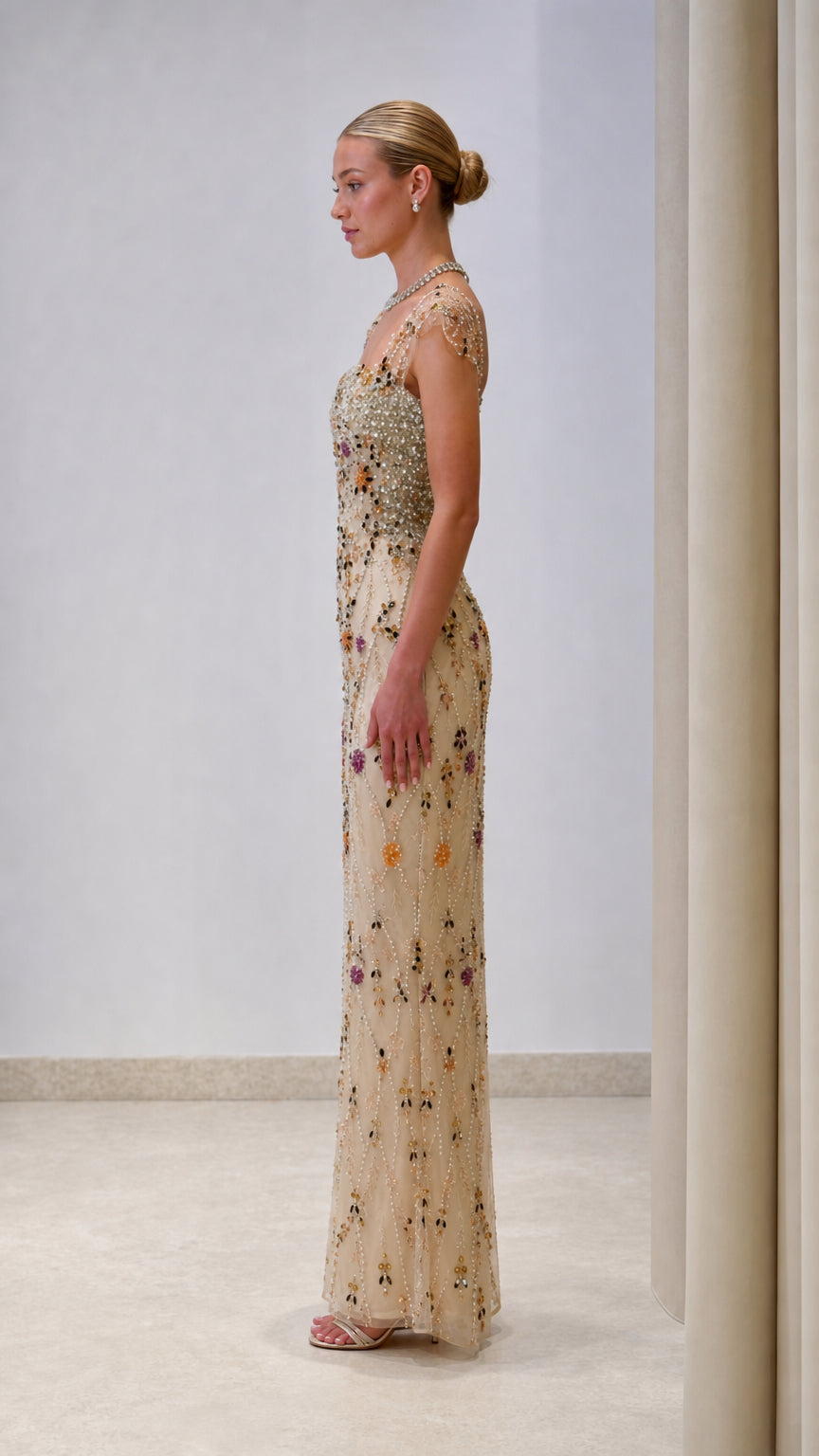 Champagne beaded floor length formal dress side view