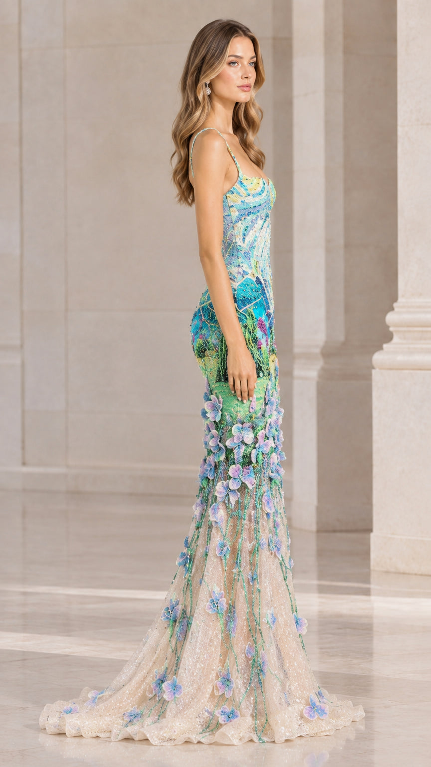 Side profile of Sky Blue 3D floral formal gown showing train and fitted silhouette