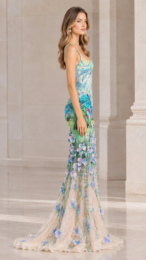 Side profile of Sky Blue 3D floral formal gown showing train and fitted silhouette