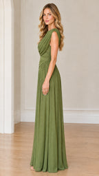 Side angle of olive green sleeveless cowl neck maxi dress showing drape