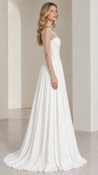 Side profile of ivory white pearl-embellished long sleeve formal maxi dress