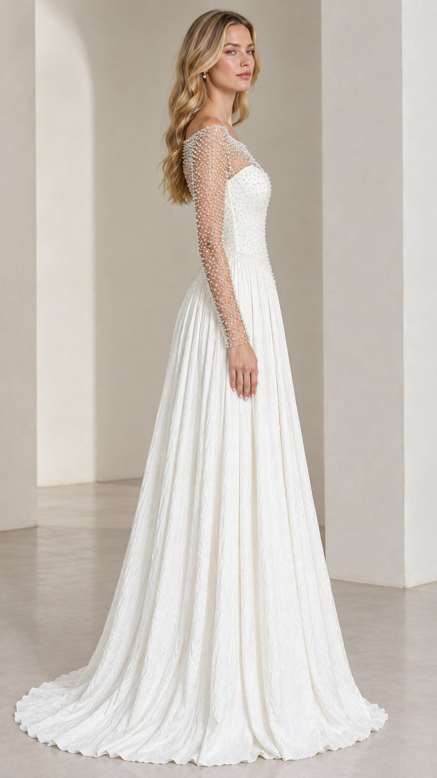 Side profile of ivory white pearl-embellished long sleeve formal maxi dress