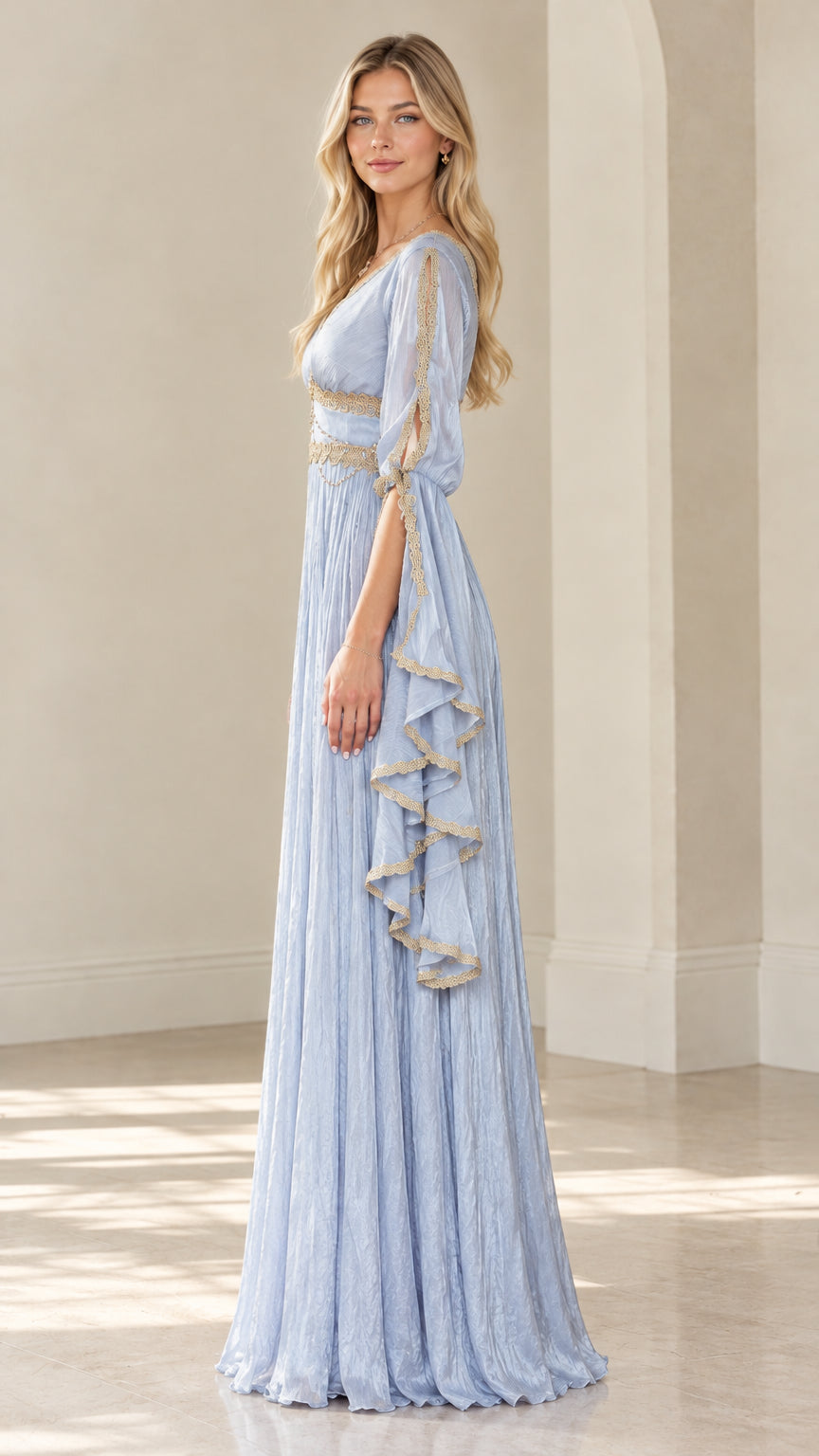 Side profile view of woman modeling Light Blue Renaissance maxi gown