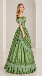 Sage green historical ball gown with draped apron skirt side angle view