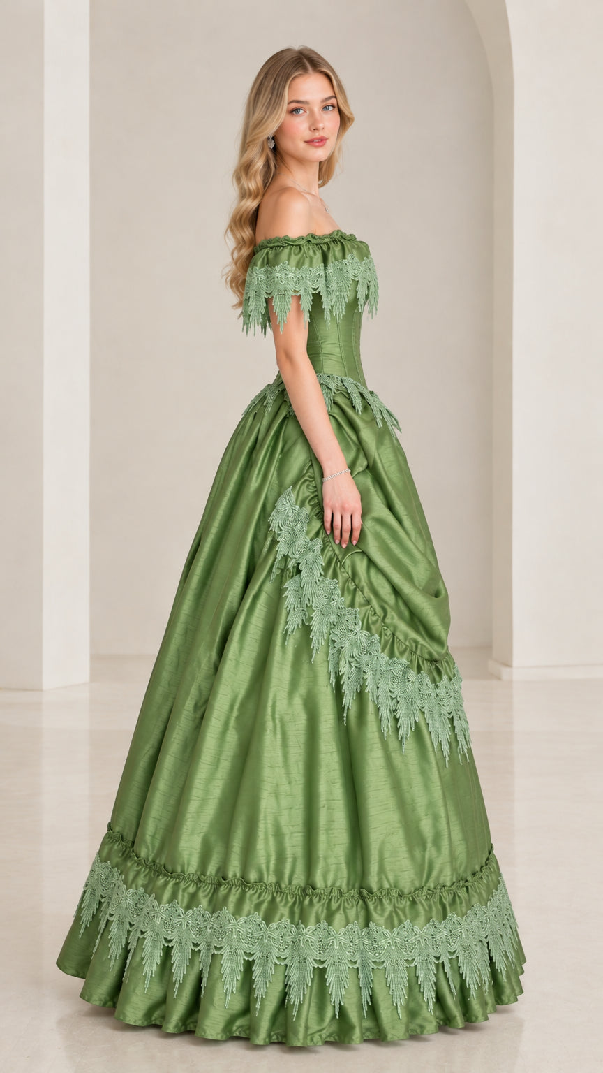 Sage green historical ball gown with draped apron skirt side angle view