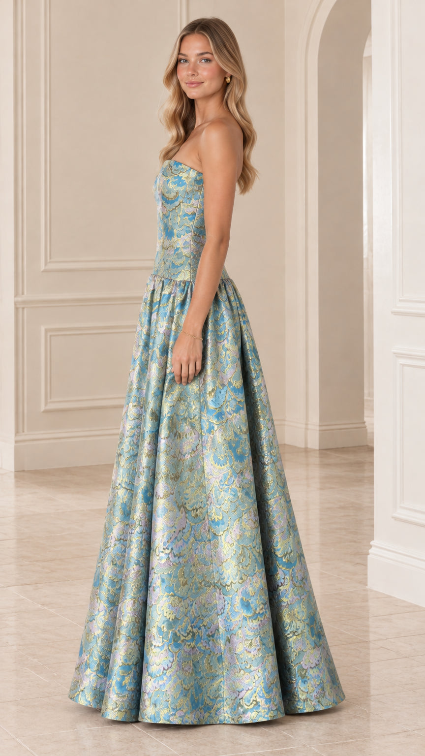 Side profile view of light blue strapless jacquard evening dress