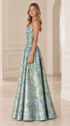 Side profile view of light blue strapless jacquard evening dress
