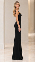 Side profile view of model in black square neck formal column dress