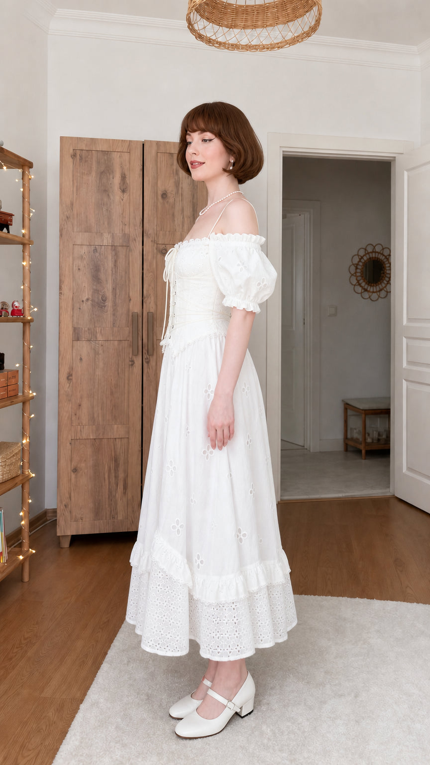 Side view of woman wearing white vintage-style eyelet midi dress with corset bodice