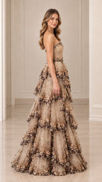 Side profile view of model in Champagne tiered sequin ball gown