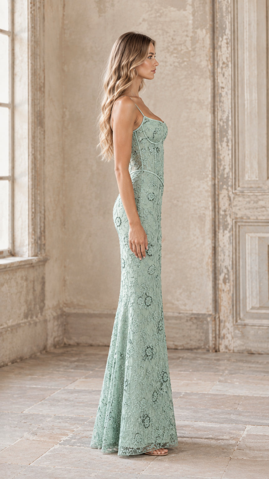 Sage green sleeveless floral sequin formal dress side profile