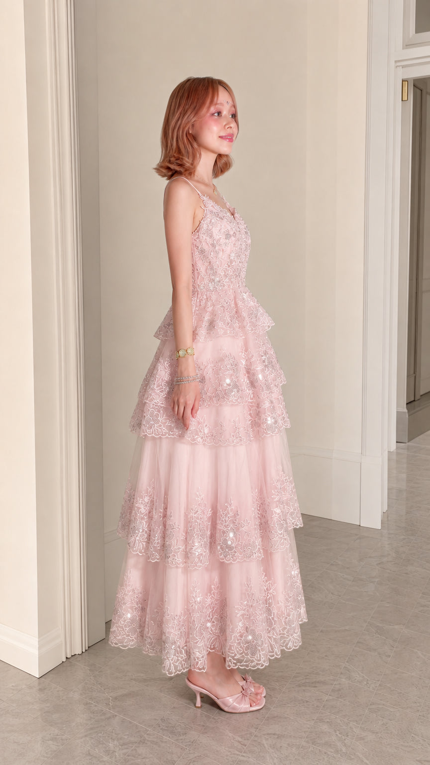 Blush Pink Sequined Tiered Tulle Maxi Evening Gown Side Angle