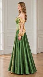 Side profile of woman in green Renaissance maxi dress showing structured bodice and draped sleeves