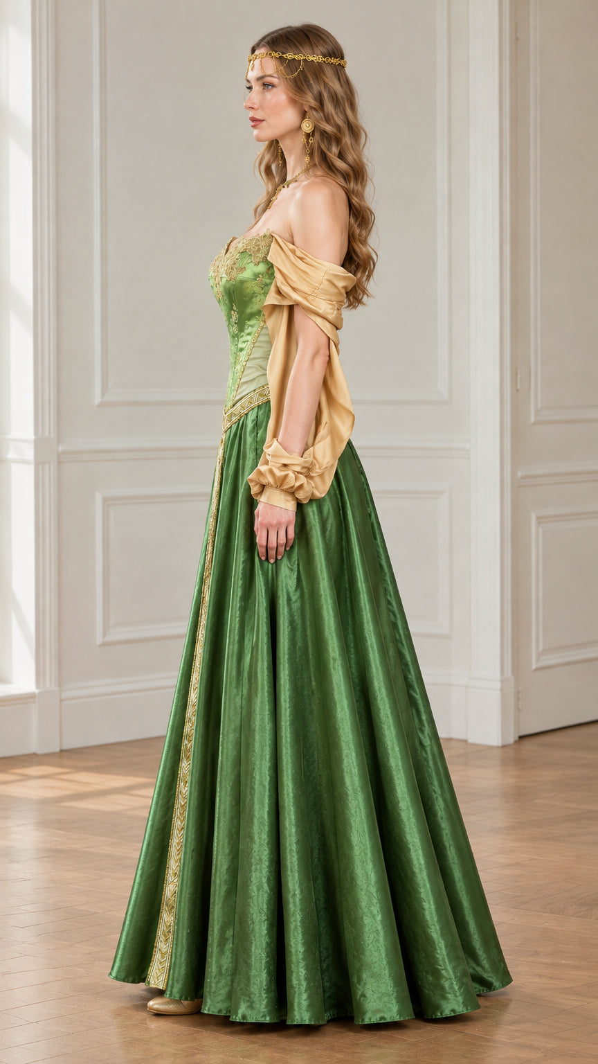 Side profile of woman in green Renaissance maxi dress showing structured bodice and draped sleeves