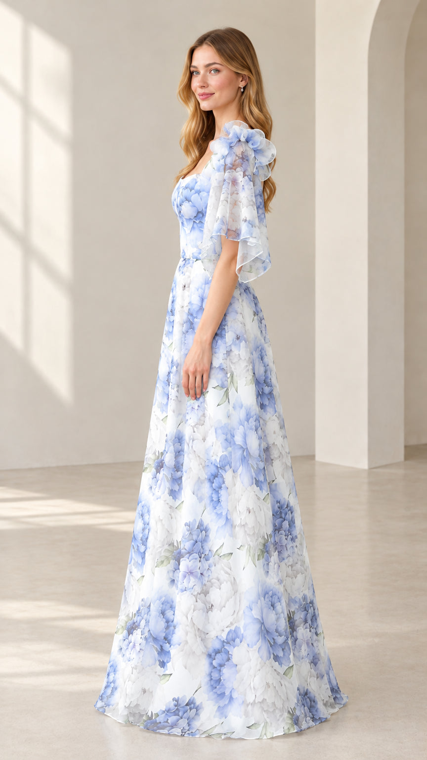 Side angle view of model wearing white floral print A-line formal dress
