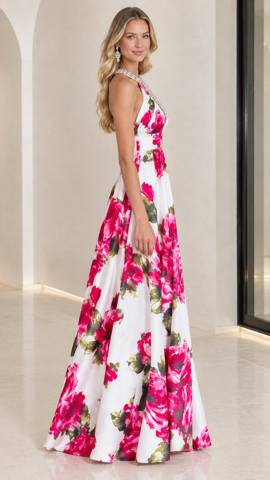 Side profile of model in white floral print A-line maxi dress