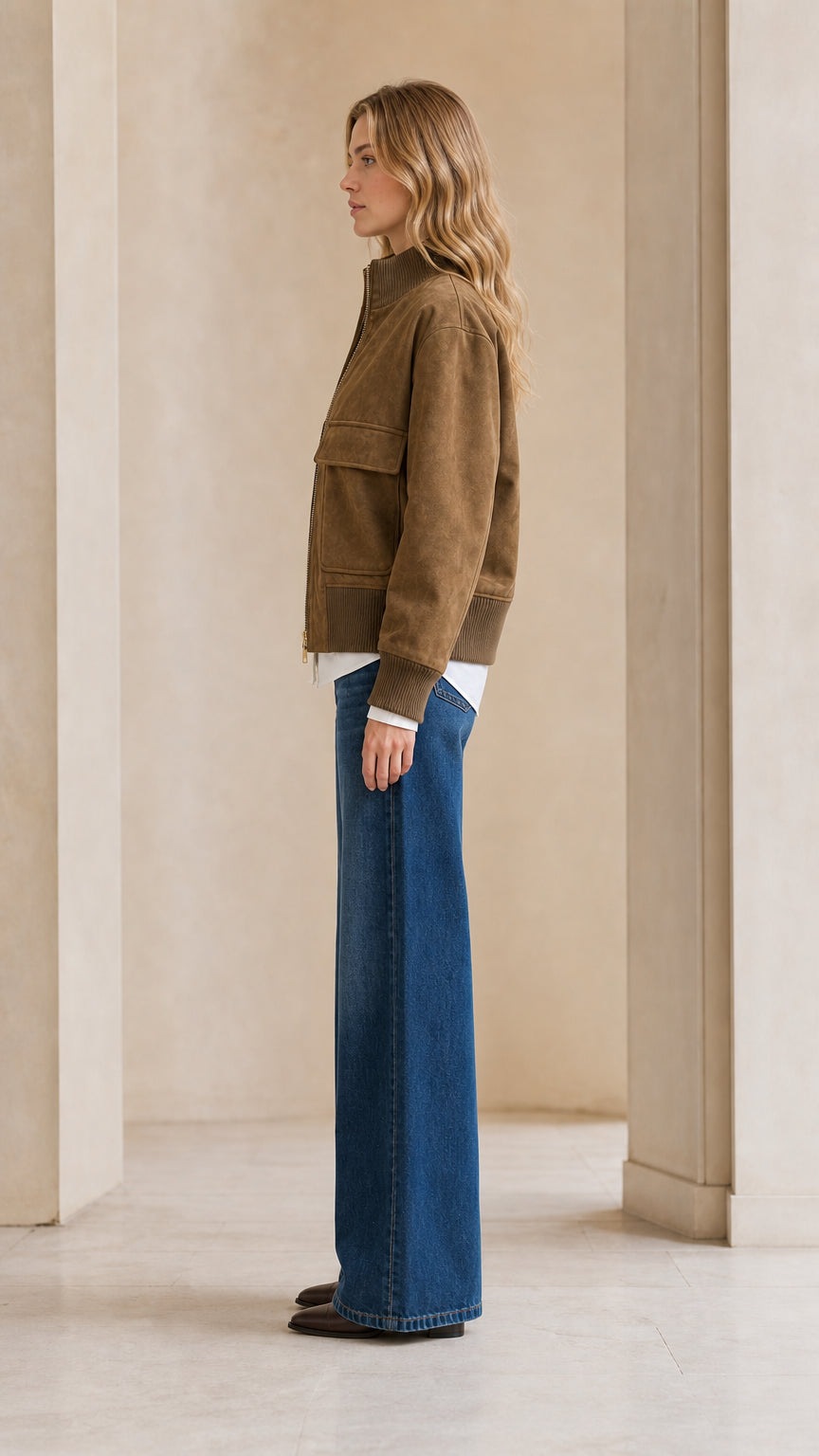 Side profile view of model wearing camel brown faux suede bomber jacket