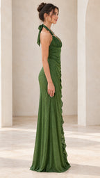 Side view of olive green ruched evening gown with side ruffle