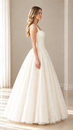 Side profile view of the ivory structured bodice tulle ballgown