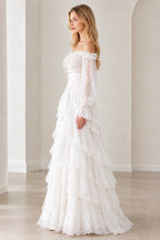 White corset ruffle gown side profile view