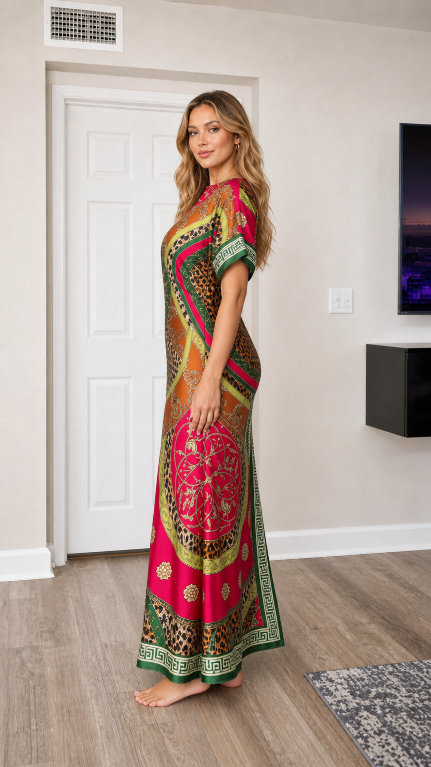 Side profile view of woman wearing Fuchsia baroque print silky maxi kaftan