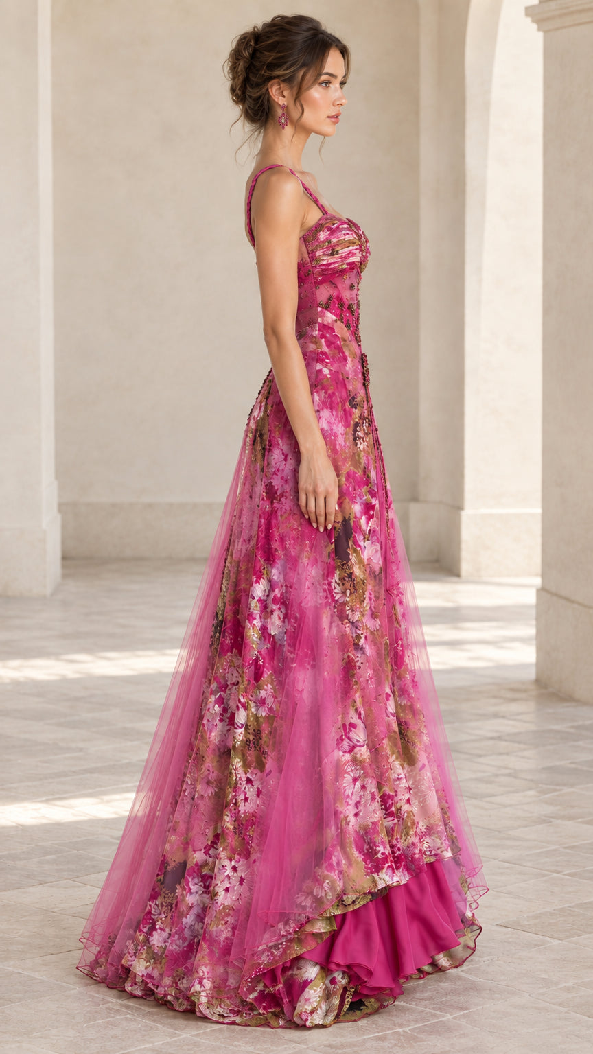 Side profile view of woman wearing fuchsia pink floral A-line evening dress
