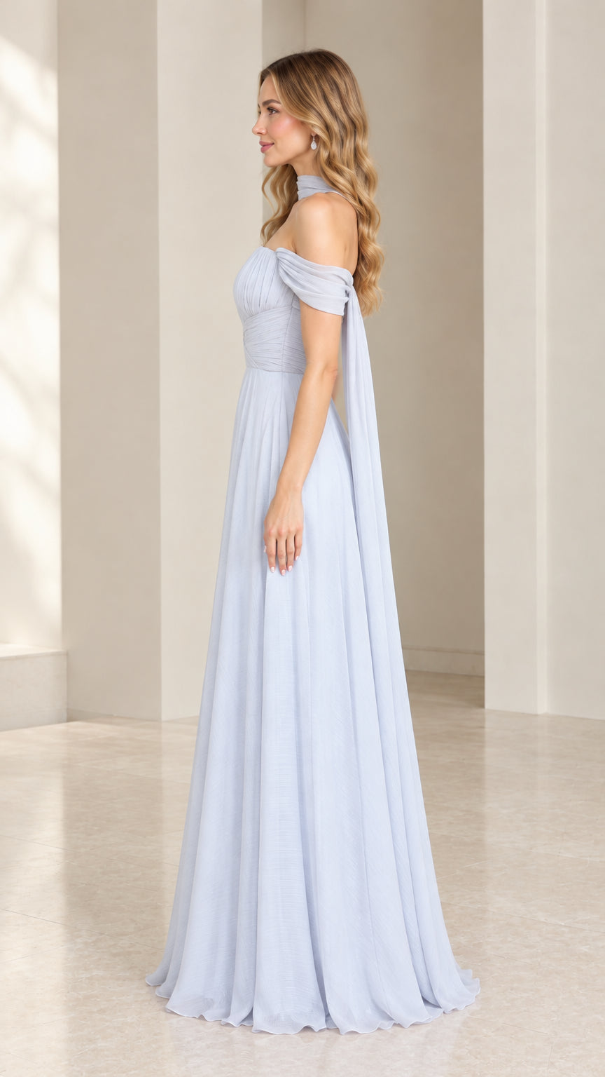 Side profile of model wearing light blue pleated chiffon maxi gown