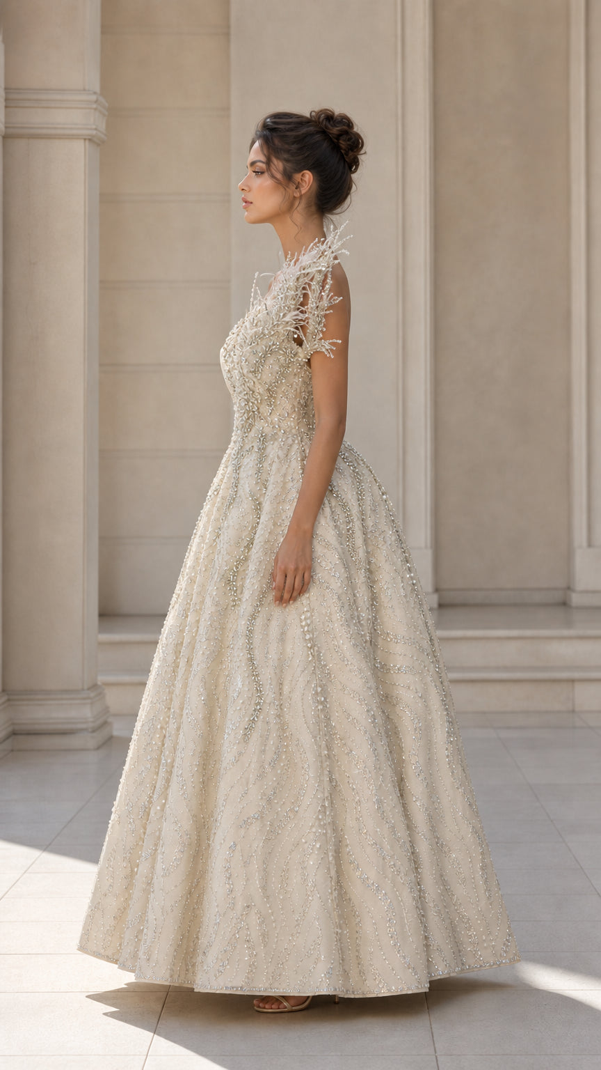 Champagne beaded evening gown side profile view