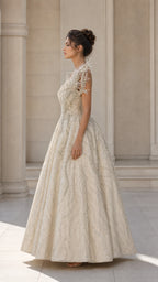 Champagne beaded evening gown side profile view