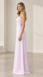Side profile view of lilac floor-length evening gown with crystal straps
