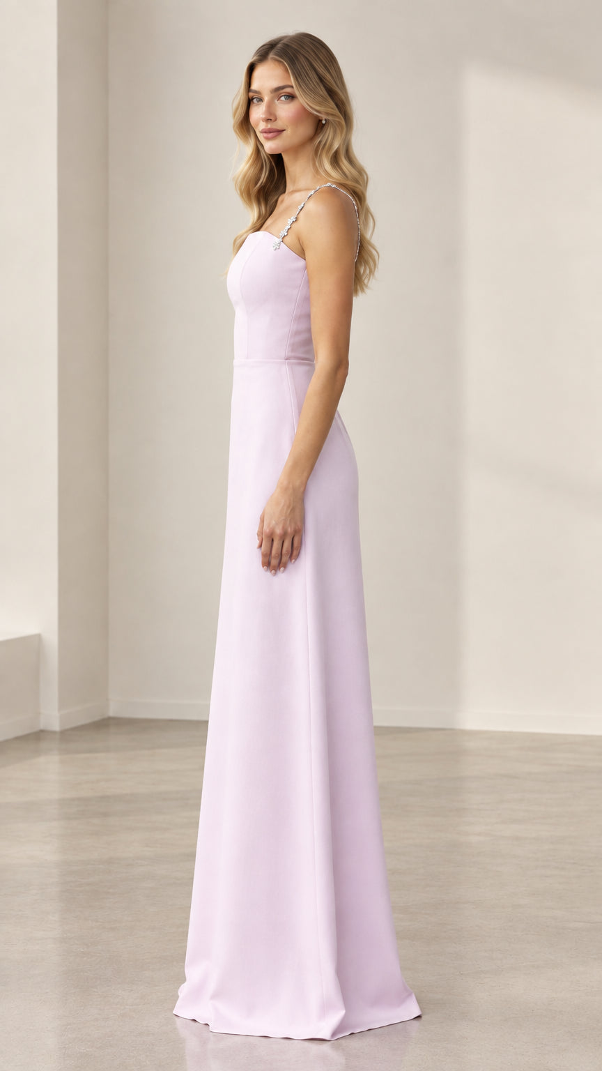 Side profile view of lilac floor-length evening gown with crystal straps