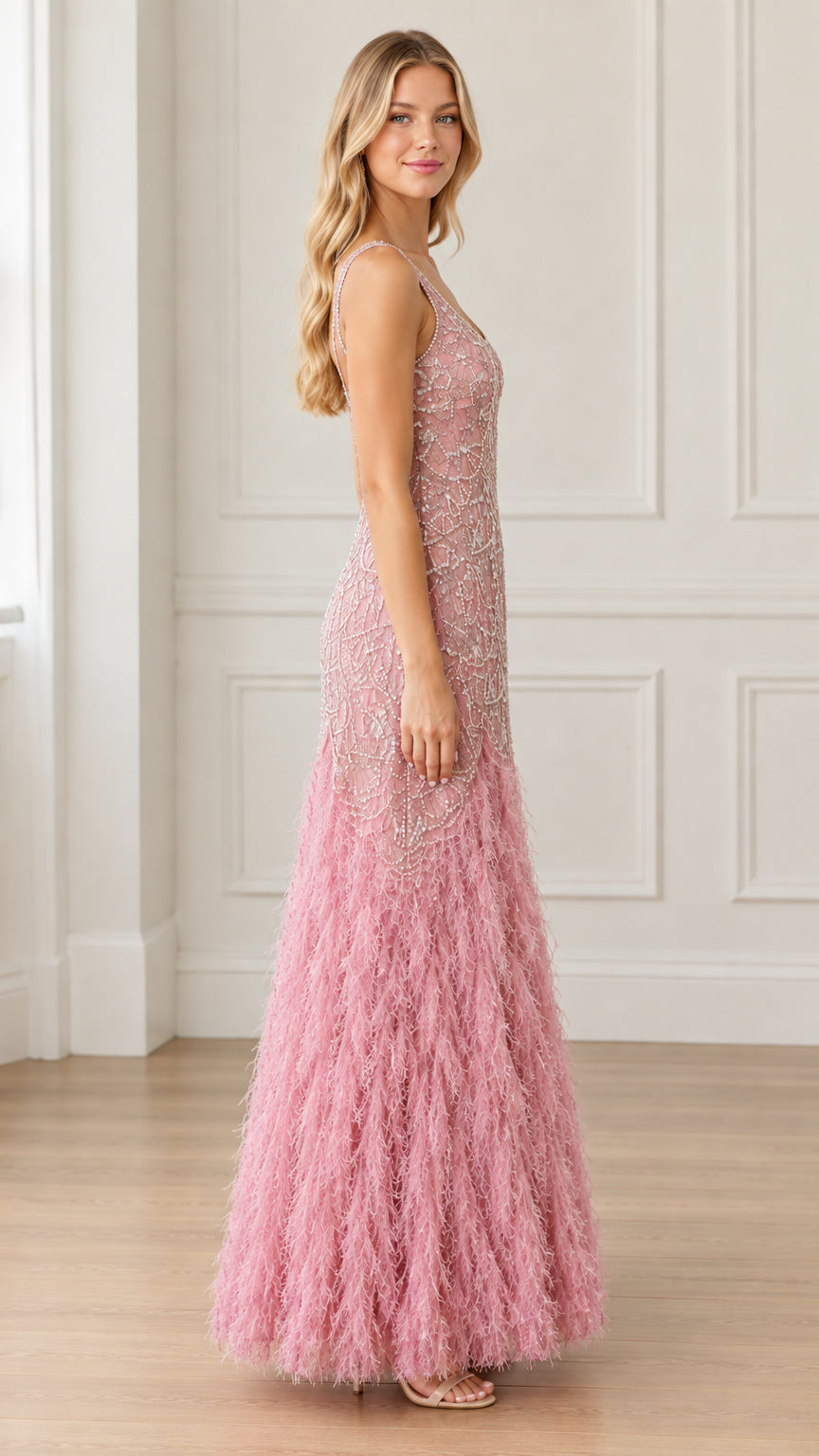 Dusty pink beaded evening gown side profile view showcasing floor-length silhouette
