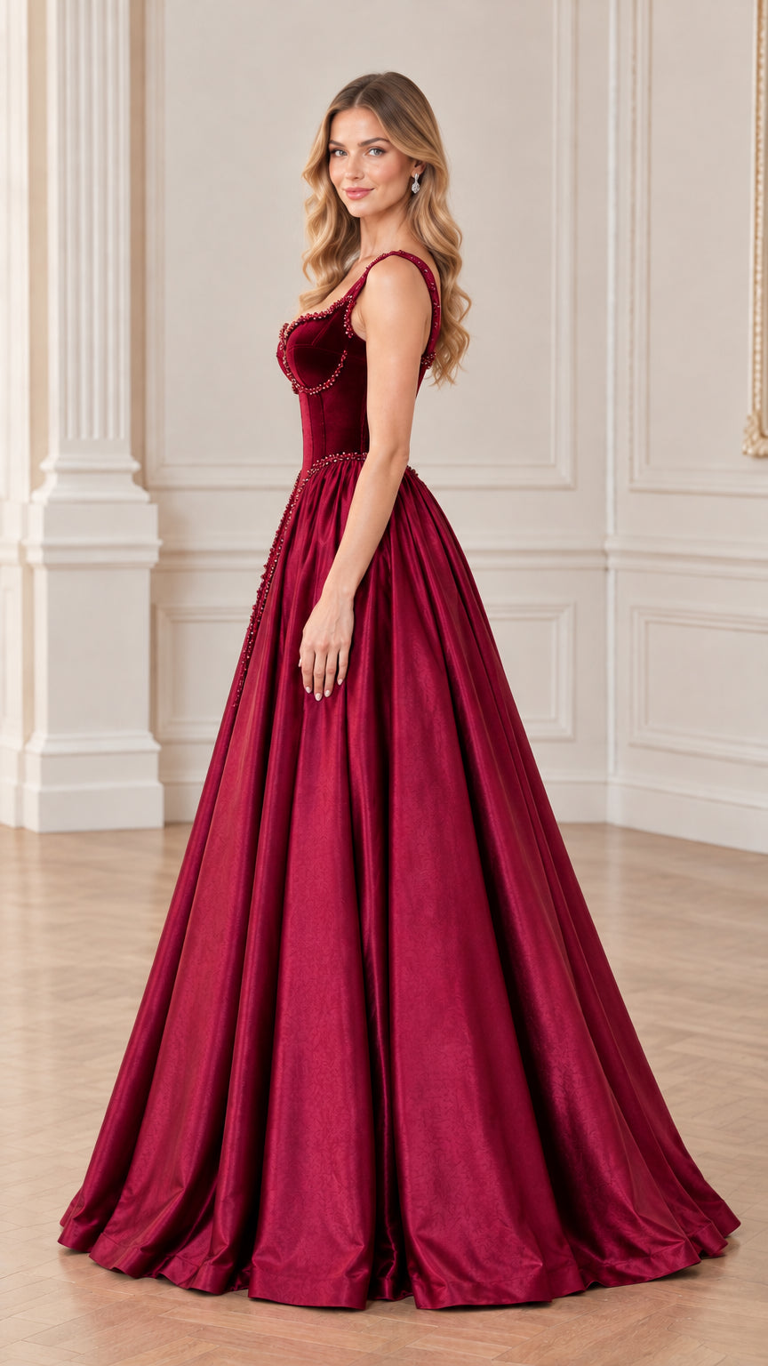 Side profile of burgundy formal ball gown with voluminous floor-length skirt