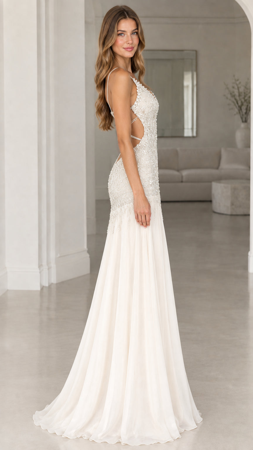 Side profile of model in ivory cutout beaded evening gown