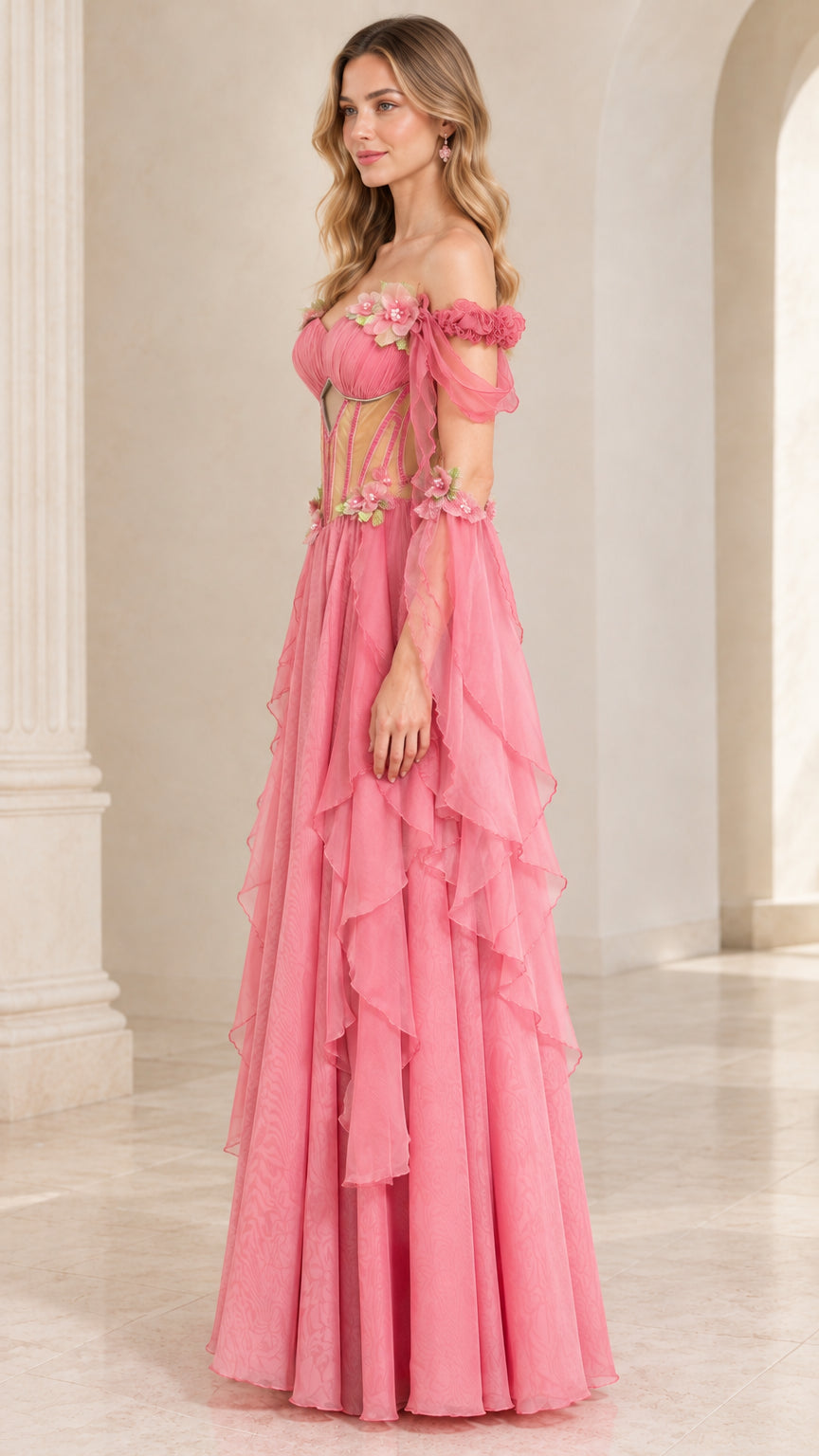 Side angle view of model wearing pink corset maxi dress with sheer draped bell sleeves