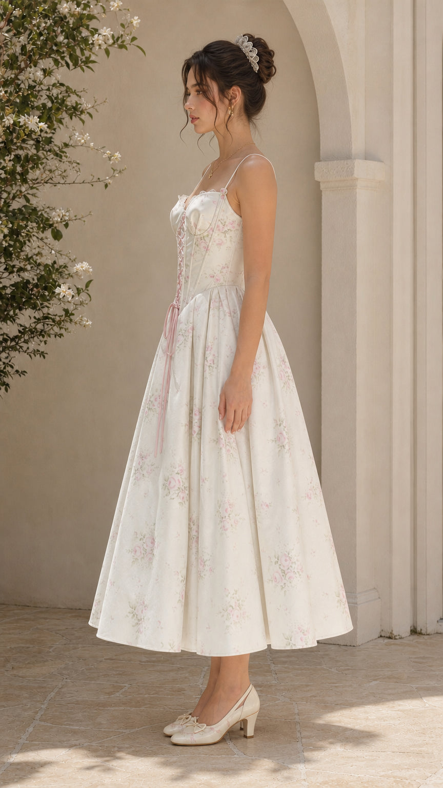 Ivory floral lace-up midi dress side profile view