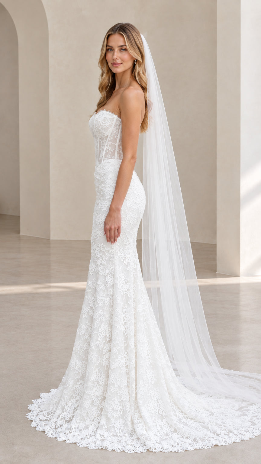 Side profile of bride in white lace corset mermaid wedding dress with sheer boning detail