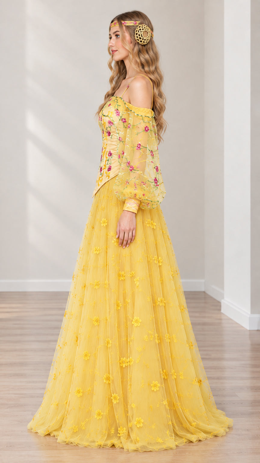 Side profile of yellow embroidered fairy ballgown with voluminous tulle skirt