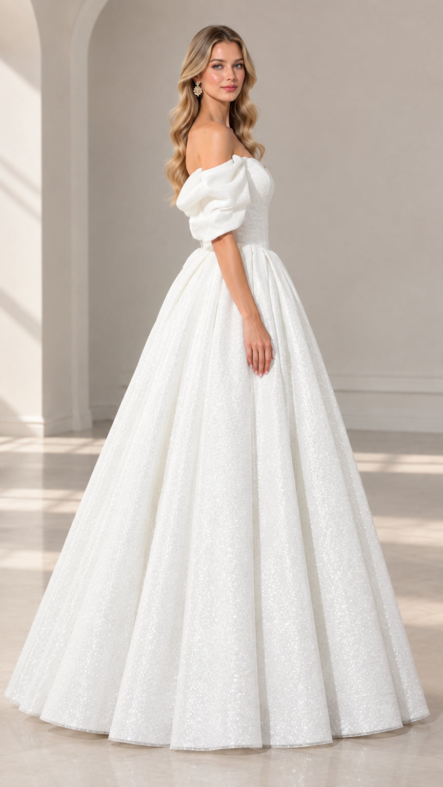 Side profile of model in full-length white glitter formal gown