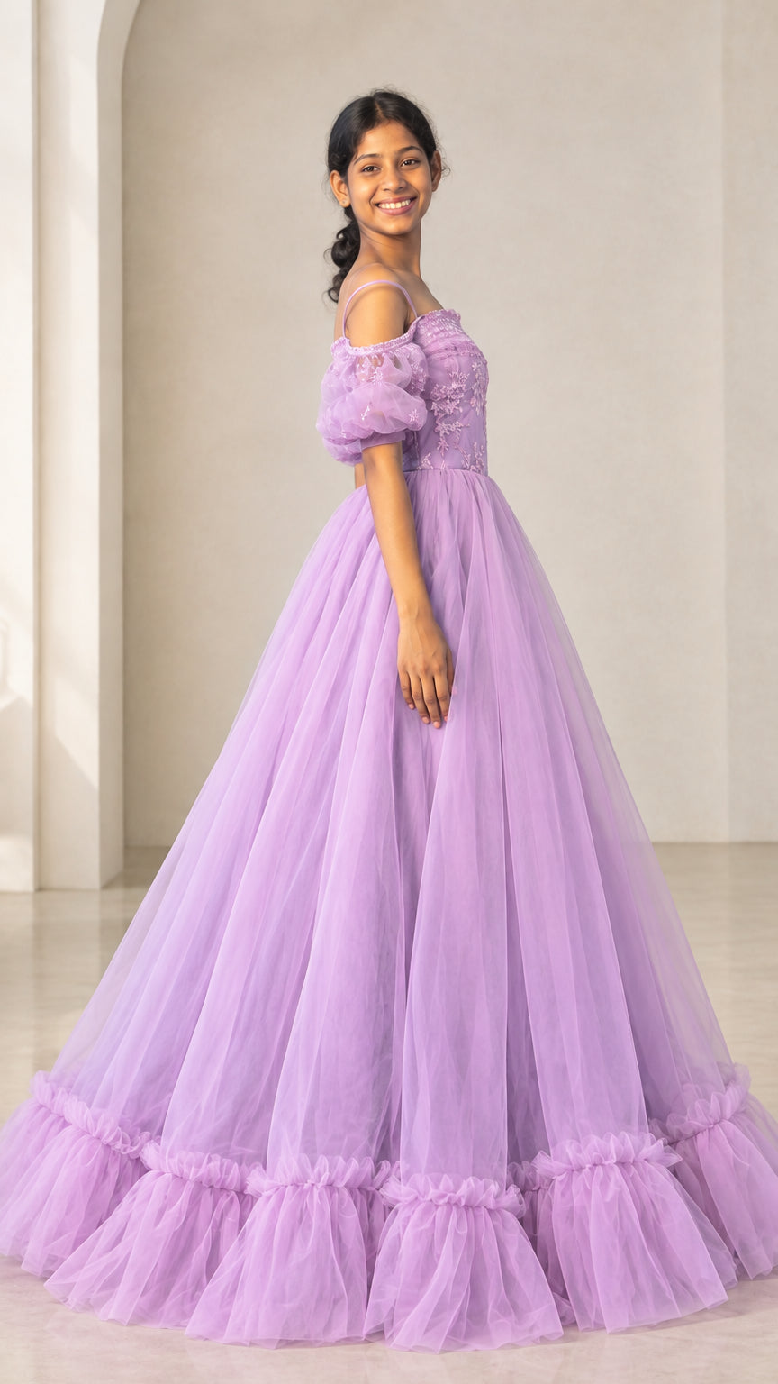 Side profile view of lavender formal evening ballgown showing voluminous tulle skirt