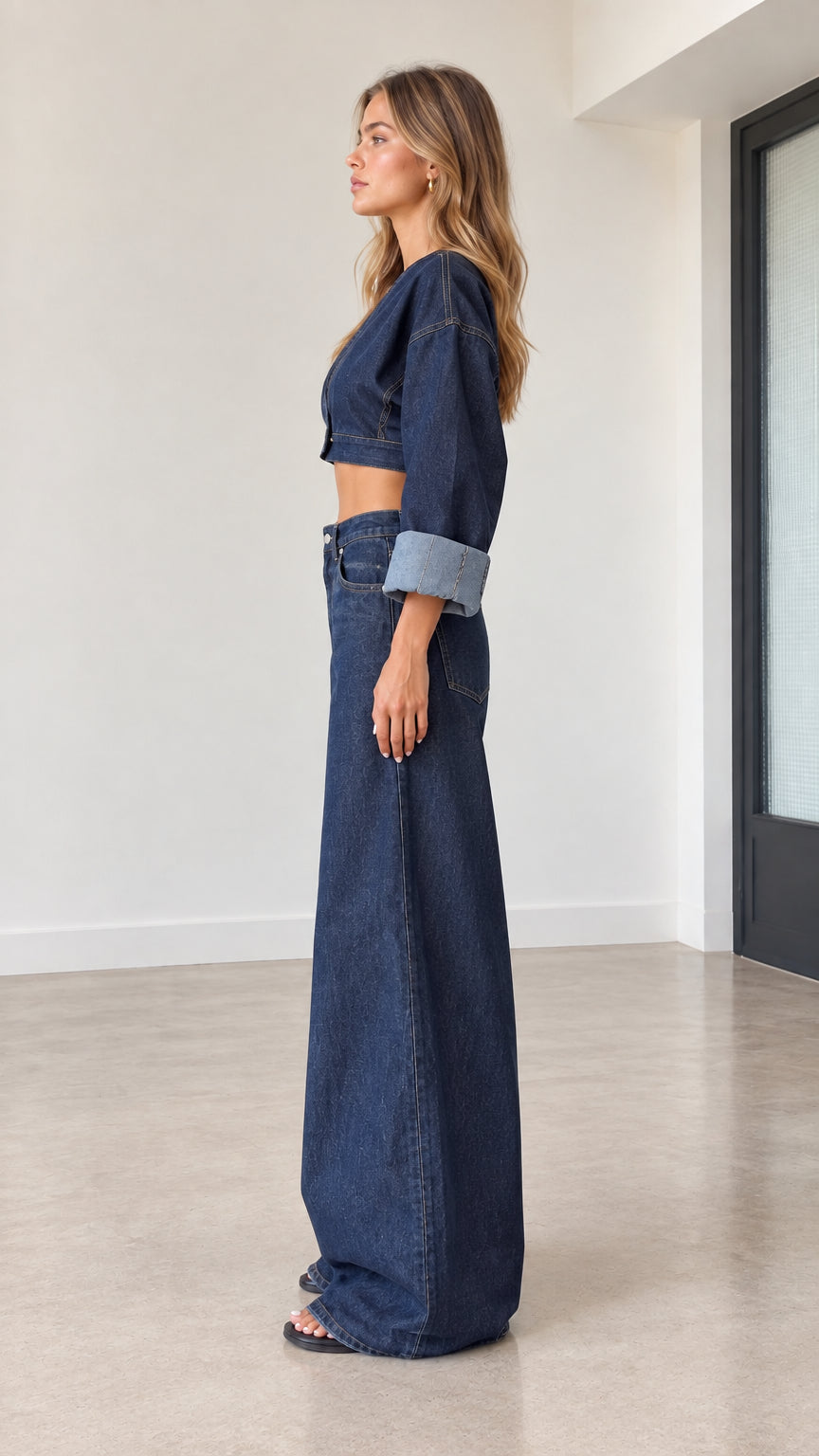 Side profile view of model wearing dark blue two-piece denim set
