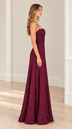 Side profile view of burgundy lace maxi dress showing A-line silhouette and slender shoulder straps