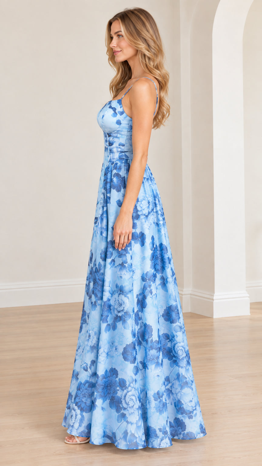 Side angle view of light blue floral spaghetti strap formal gown